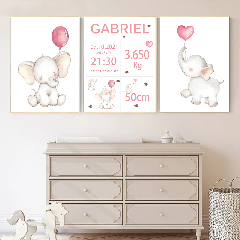 Baby Nursery Elephant - Pintura en lienzo con nombre personalizado