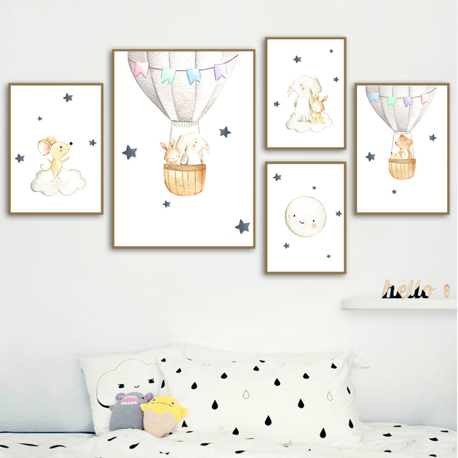 Baby Nursery Elephant - Elefante, conejo, oso, globo, Luna, guardería,